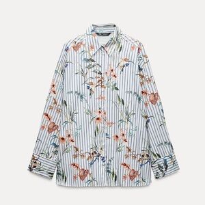NWT Zara STRIPED POPLIN SHIRT WITH BIRD PRINT